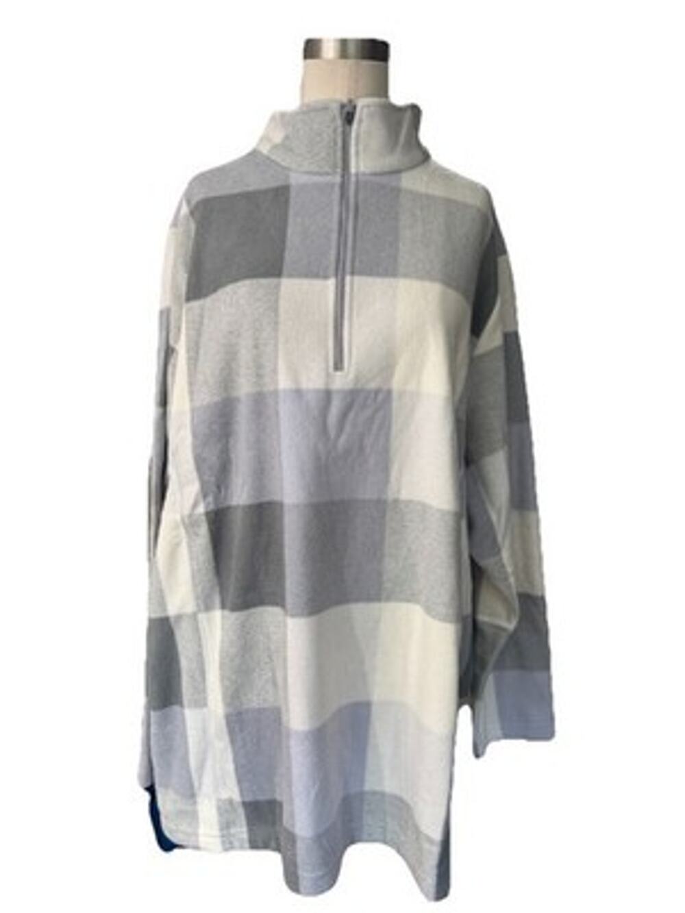 NWT Lands End Anyweather Fleece Quarter Zip Pullover Womens Gray Buffalo Plaid
